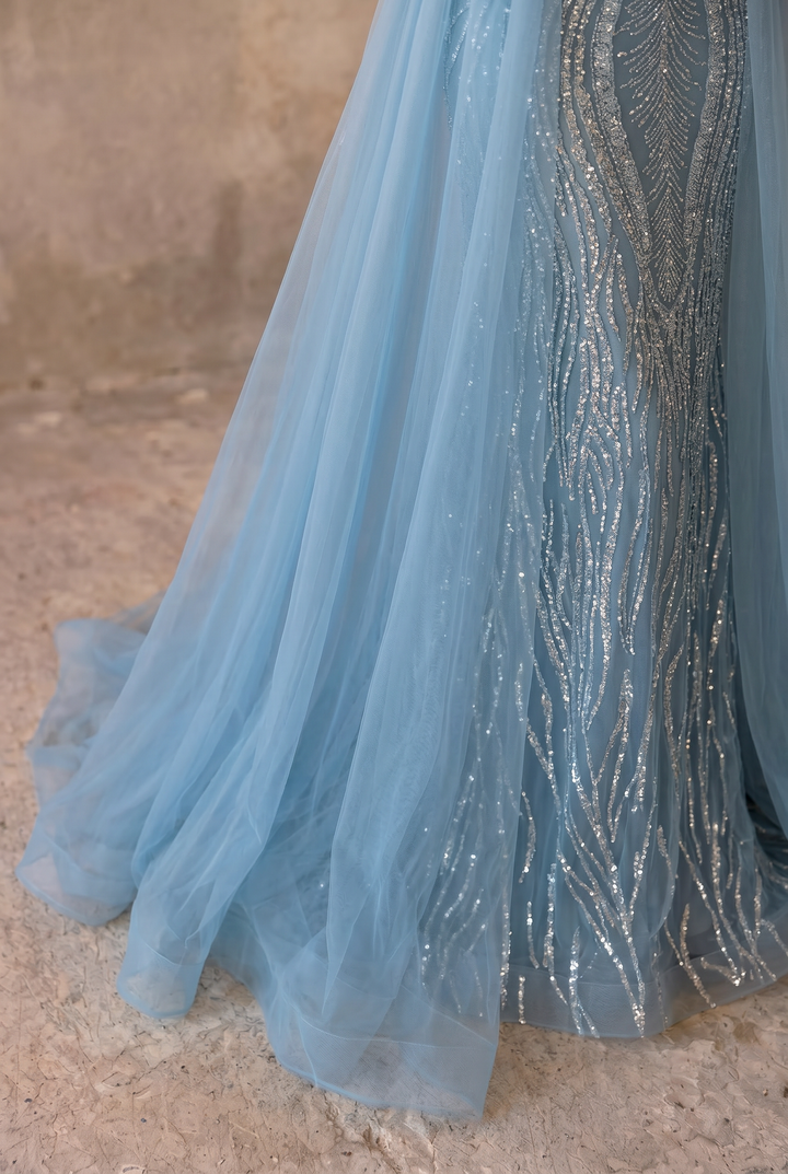Dusty Blue Long Sleeve Beaded Evening Gown with Detachable Overskirt and Illusion Sleeves Plus Size