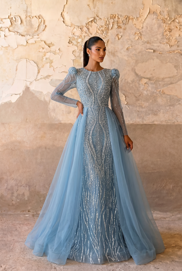 Dusty Blue Long Sleeve Beaded Evening Gown with Detachable Overskirt and Illusion Sleeves Plus Size