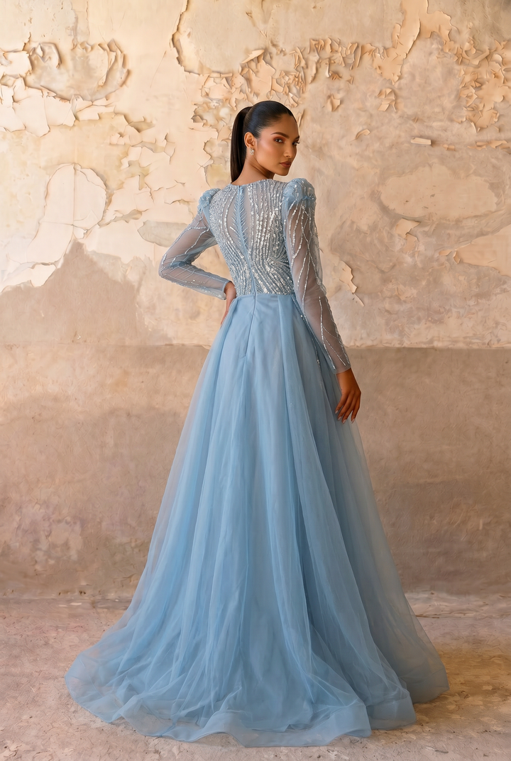 Dusty Blue Long Sleeve Beaded Evening Gown with Detachable Overskirt and Illusion Sleeves Plus Size