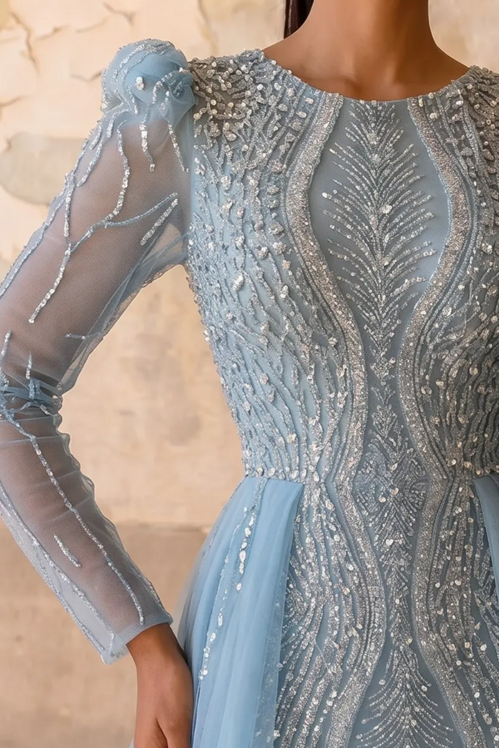 Dusty Blue Long Sleeve Beaded Evening Gown with Detachable Overskirt and Illusion Sleeves Plus Size