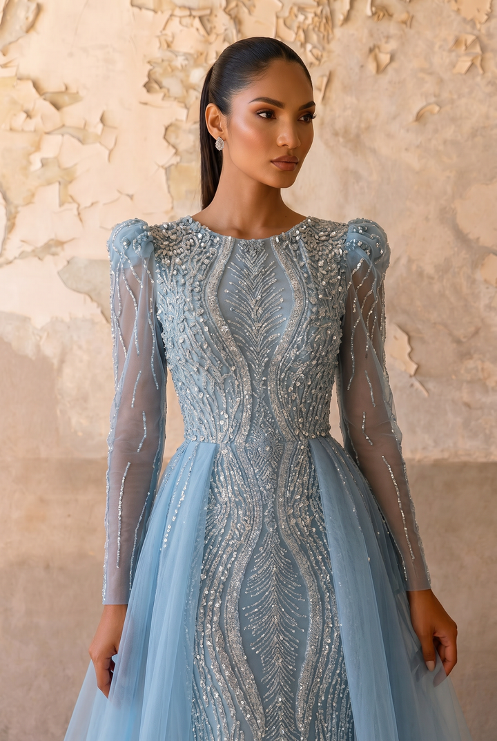 Dusty Blue Long Sleeve Beaded Evening Gown with Detachable Overskirt and Illusion Sleeves Plus Size