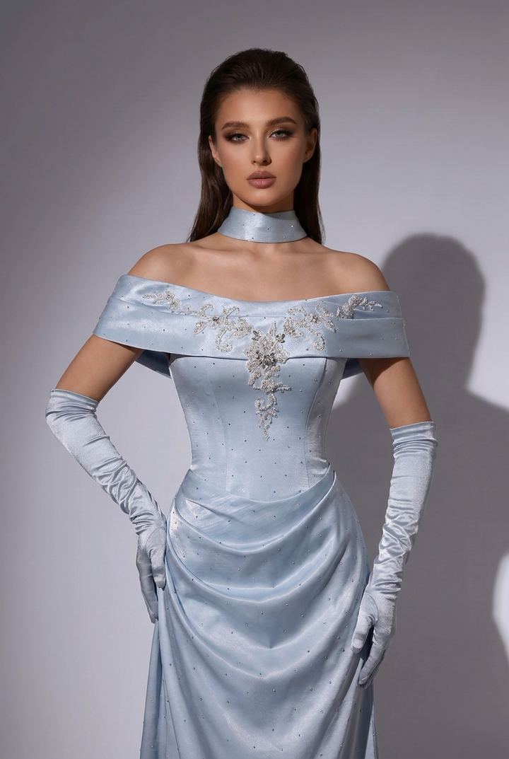 Dusty Blue Off the Shoulder Beaded Mermaid Evening Dress with Choker Neckline and Corset Back – Luxury Formal Gown Plus Size
