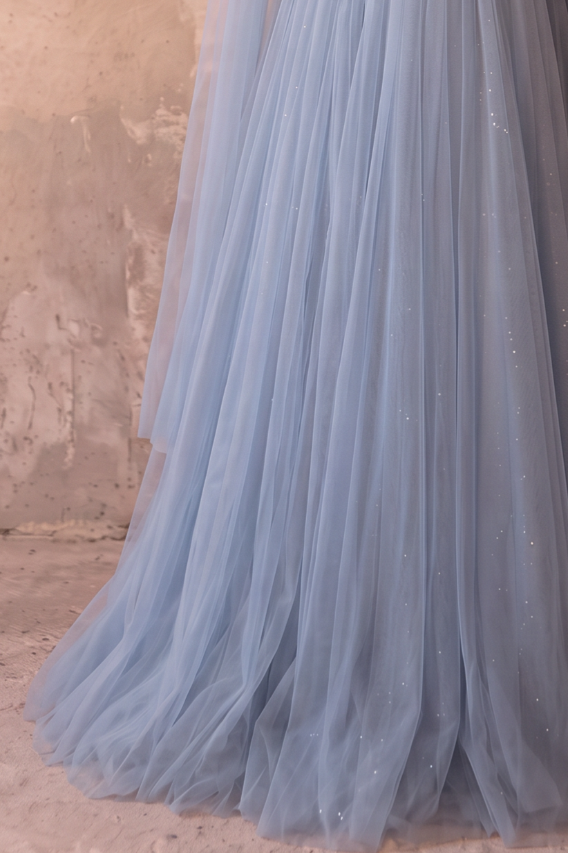 Dusty Blue Off the Shoulder Tulle Ball Gown - Pleated Princess Formal Dress with Corset Back Plus Size