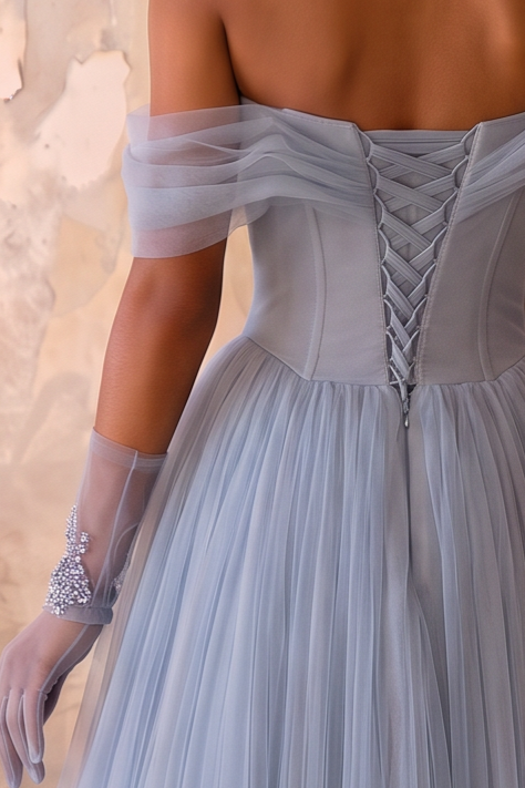 Dusty Blue Off the Shoulder Tulle Ball Gown - Pleated Princess Formal Dress with Corset Back Plus Size