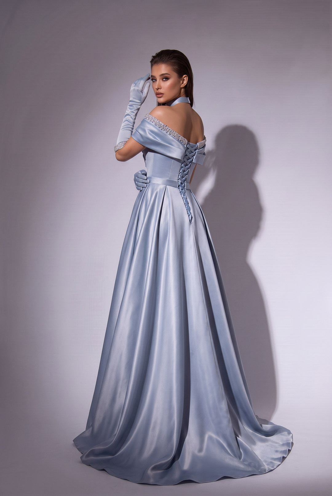 Dusty Blue Satin Off-the-Shoulder Princess Evening Gown with Corset Back, Gloves & Choker – Luxury Formal Dress Plus Size
