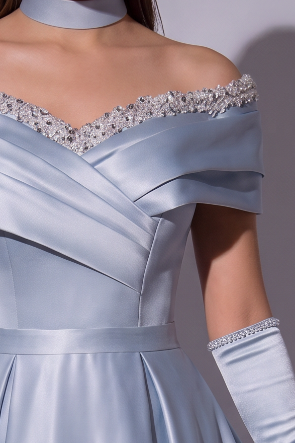 Dusty Blue Satin Off-the-Shoulder Princess Evening Gown with Corset Back, Gloves & Choker – Luxury Formal Dress Plus Size