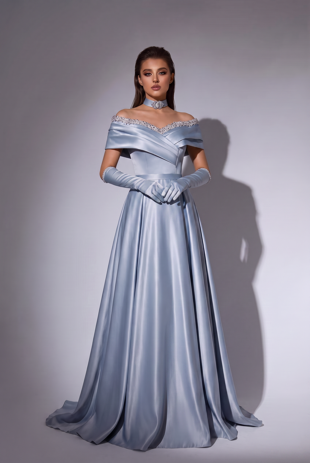 Dusty Blue Satin Off-the-Shoulder Princess Evening Gown with Corset Back, Gloves & Choker – Luxury Formal Dress Plus Size