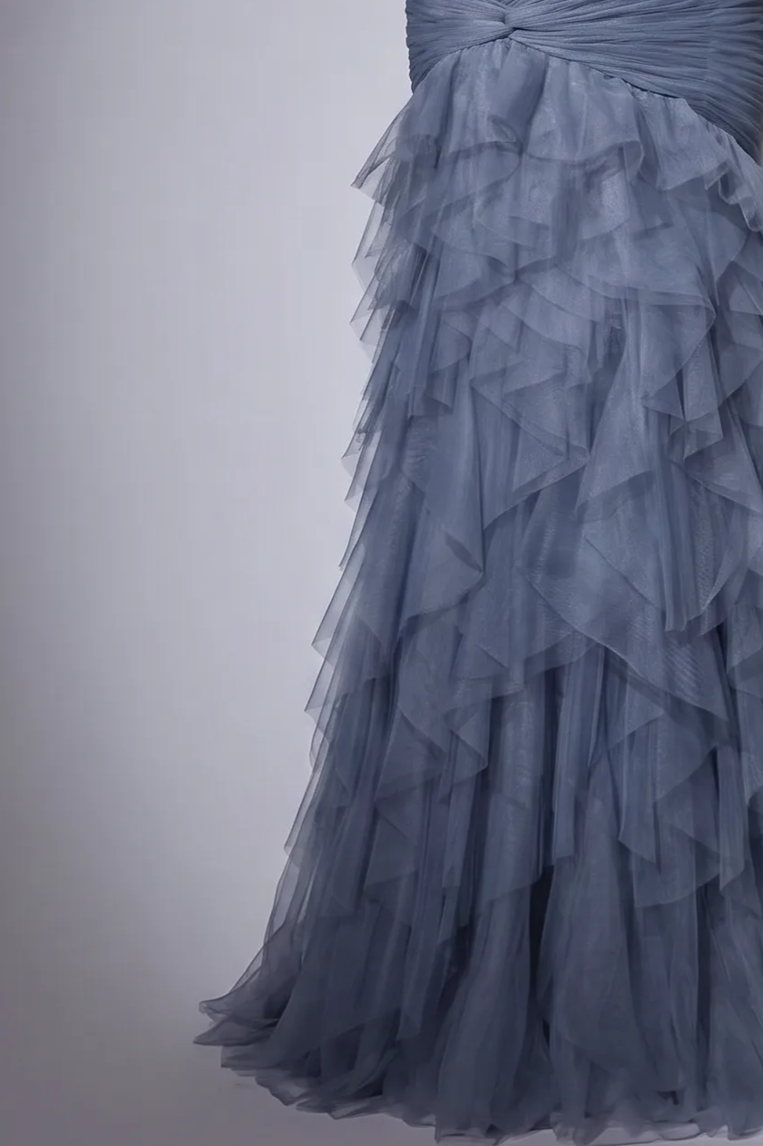 Dusty Blue Strapless Ruffle Tulle Mermaid Evening Gown - Layered Organza Formal Dress with Detachable Sheer Gloves Plus Size