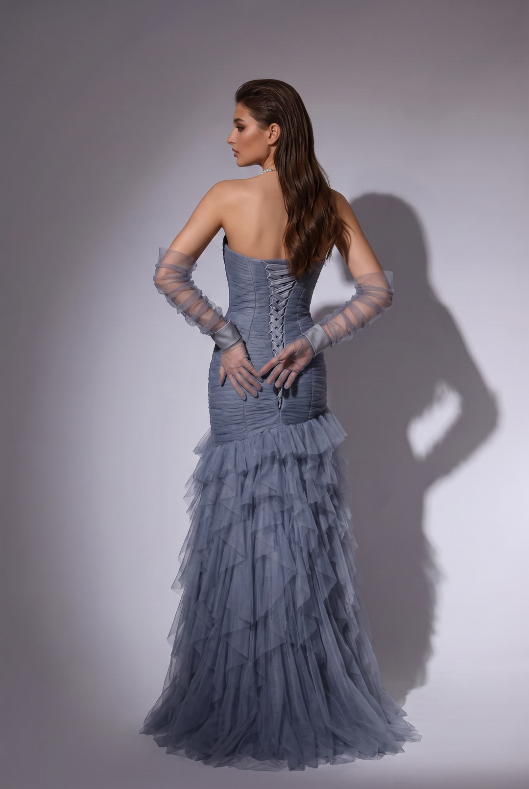 Dusty Blue Strapless Ruffle Tulle Mermaid Evening Gown - Layered Organza Formal Dress with Detachable Sheer Gloves Plus Size