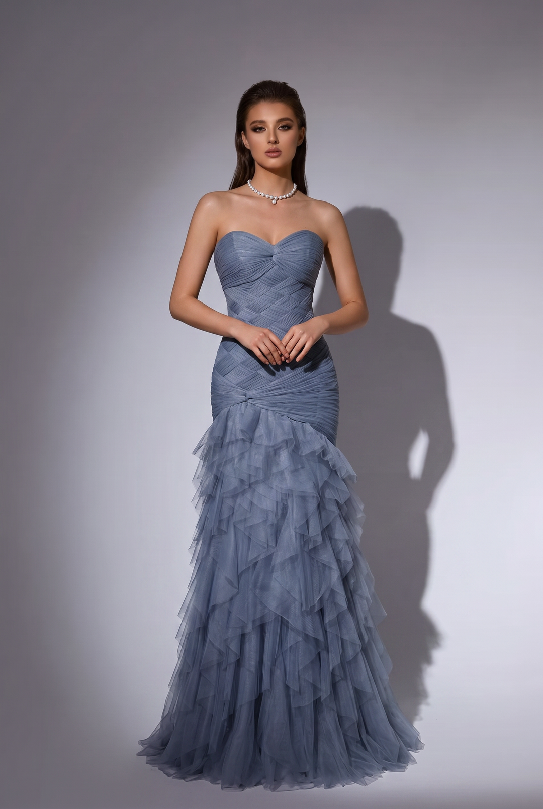 Dusty Blue Strapless Ruffle Tulle Mermaid Evening Gown - Layered Organza Formal Dress with Detachable Sheer Gloves Plus Size