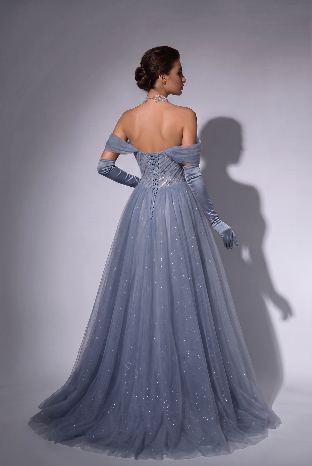 Dusty Blue Wedding Dress with Glitter Tulle Skirt – Strapless Regency Ball Gown with Corset Bodice and Long Gloves Plus Size (Copy)