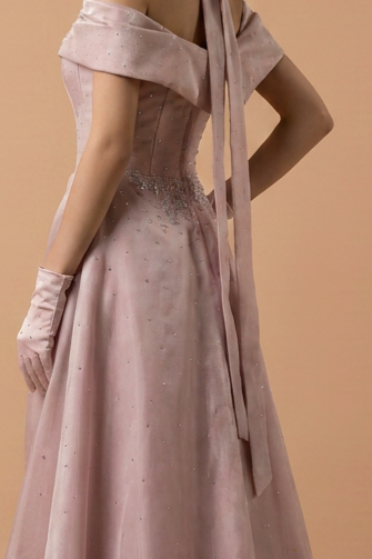 Dusty Blush Off-the-Shoulder Satin A-Line Gown with Floral Embroidery and Choker – Luxury Formal Evening Dress Plus Size