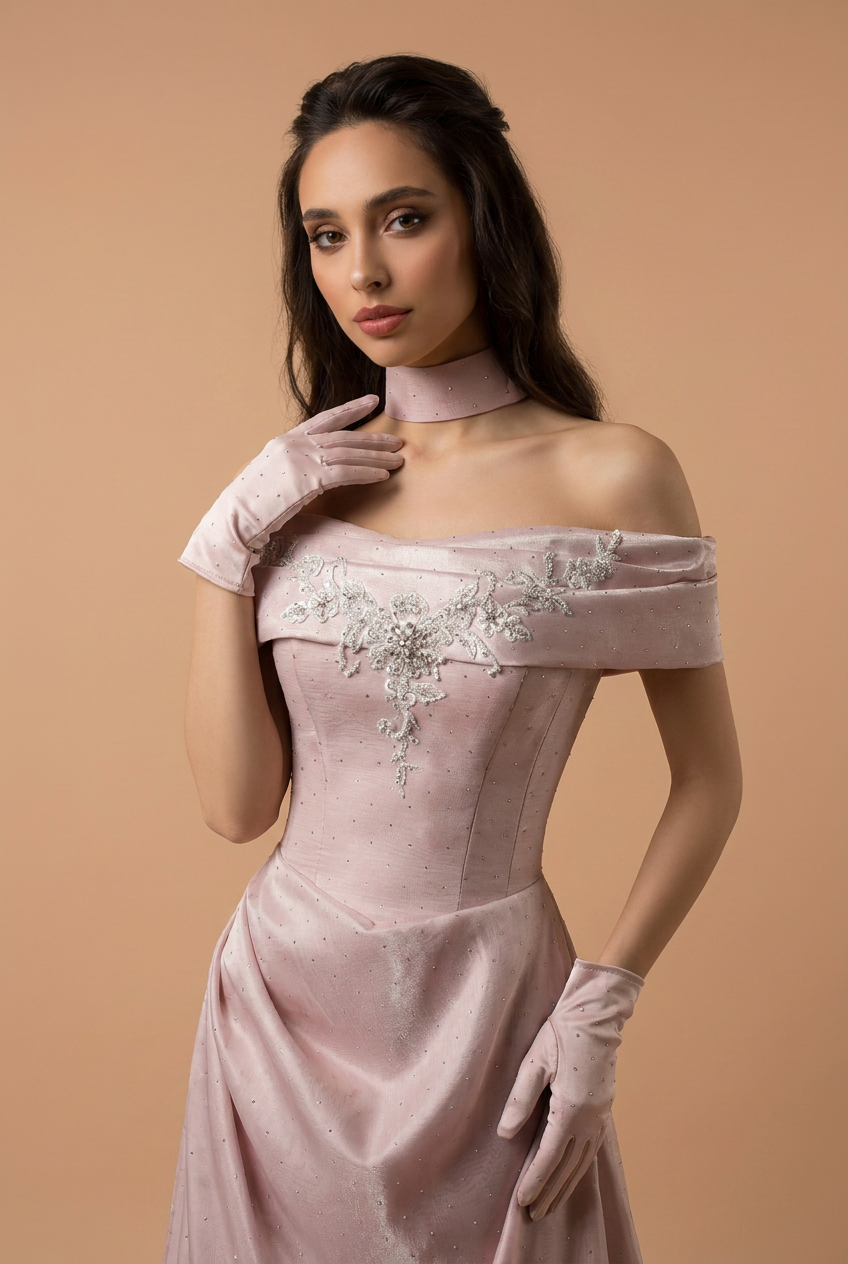 Dusty Blush Off-the-Shoulder Satin A-Line Gown with Floral Embroidery and Choker – Luxury Formal Evening Dress Plus Size