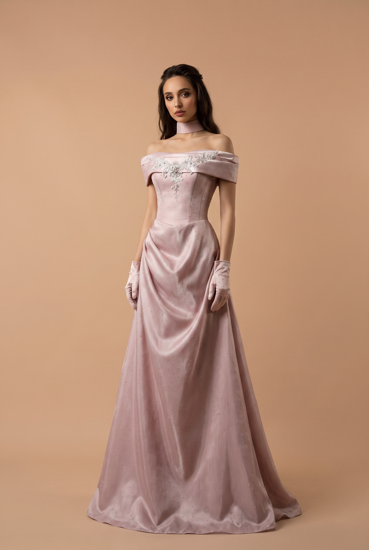 Dusty Blush Off-the-Shoulder Satin A-Line Gown with Floral Embroidery and Choker – Luxury Formal Evening Dress Plus Size