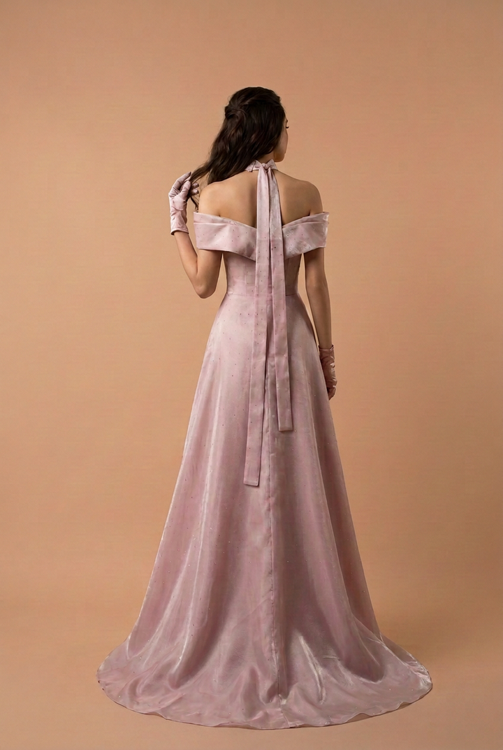 Dusty Blush Off-the-Shoulder Satin A-Line Gown with Floral Embroidery and Choker – Luxury Formal Evening Dress Plus Size