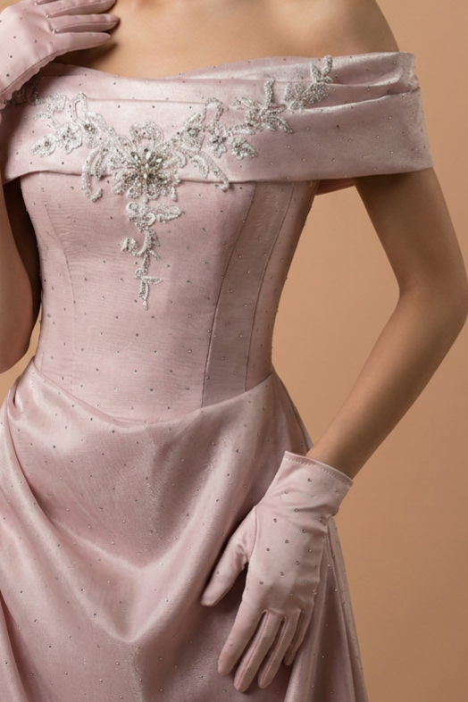 Dusty Blush Off-the-Shoulder Satin A-Line Gown with Floral Embroidery and Choker – Luxury Formal Evening Dress Plus Size