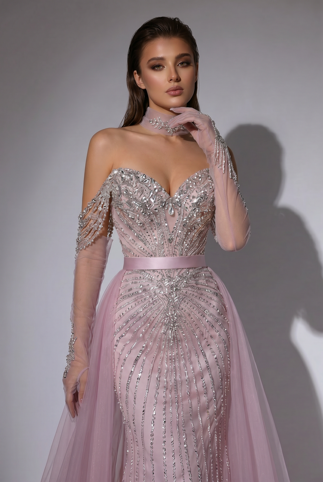 Dusty Blush Pink Mermaid Evening Gown with Detachable Tulle Overskirt, Off-the-Shoulder Neckline and Beaded Corset – Formal Dress Plus Size