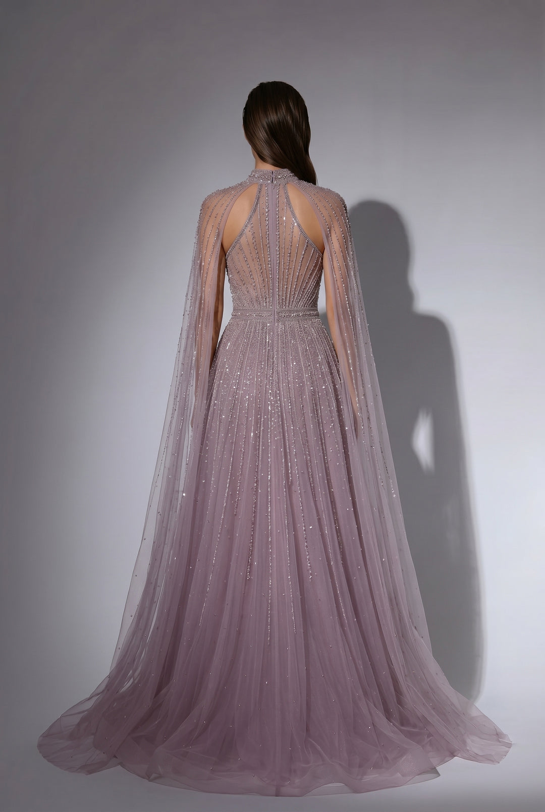 Dusty Lavender A-Line Evening Gown with Beaded Cape Sleeves and High Neck Detail – Formal Dress Plus Size