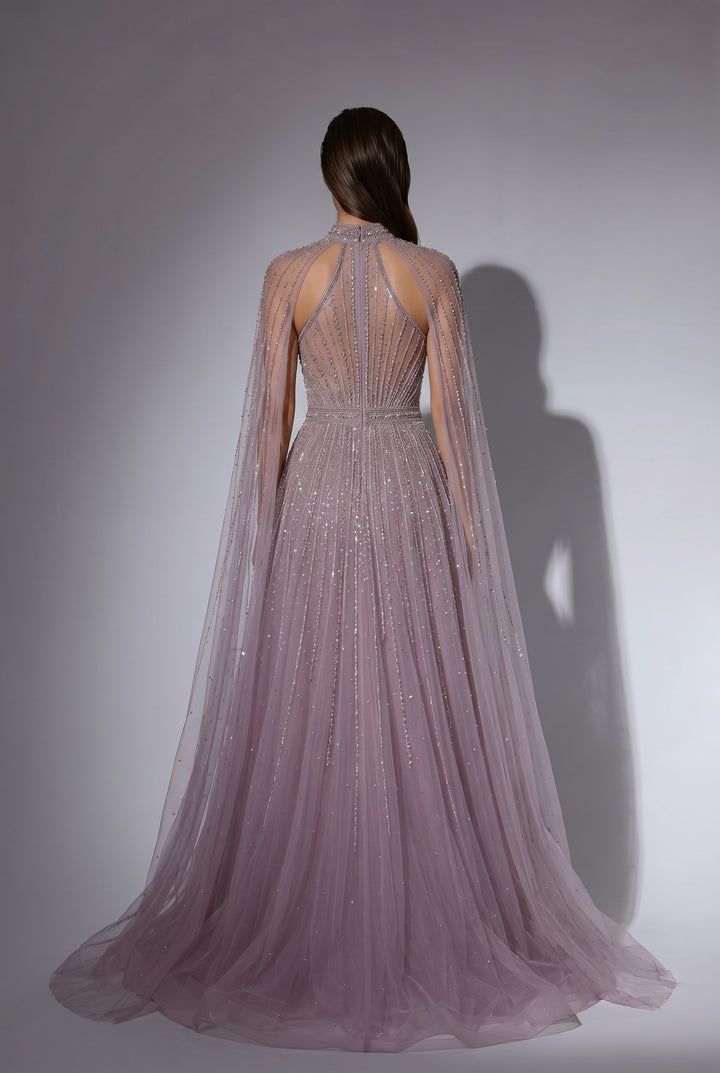 Dusty Lavender A-Line Evening Gown with Beaded Cape Sleeves and High Neck Detail – Formal Dress Plus Size