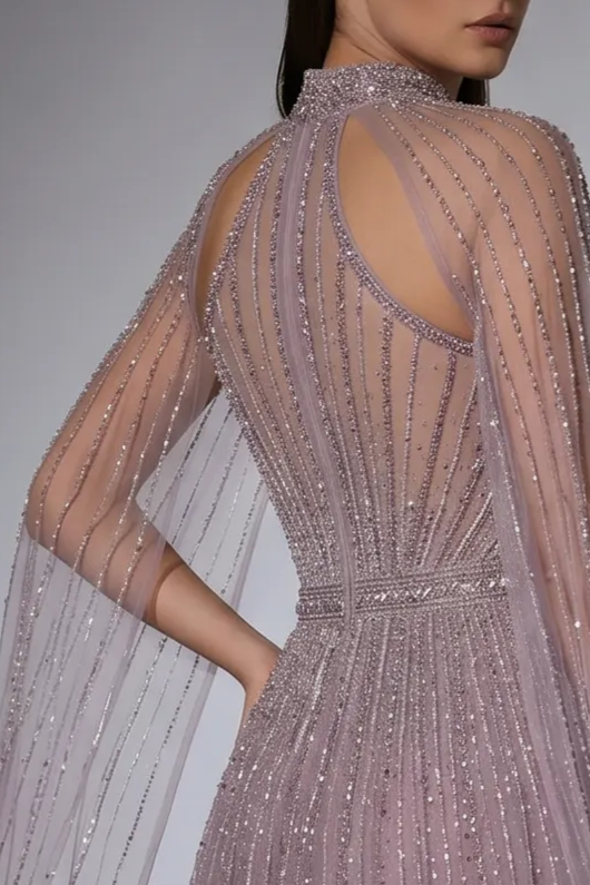 Dusty Lavender A-Line Evening Gown with Beaded Cape Sleeves and High Neck Detail – Formal Dress Plus Size