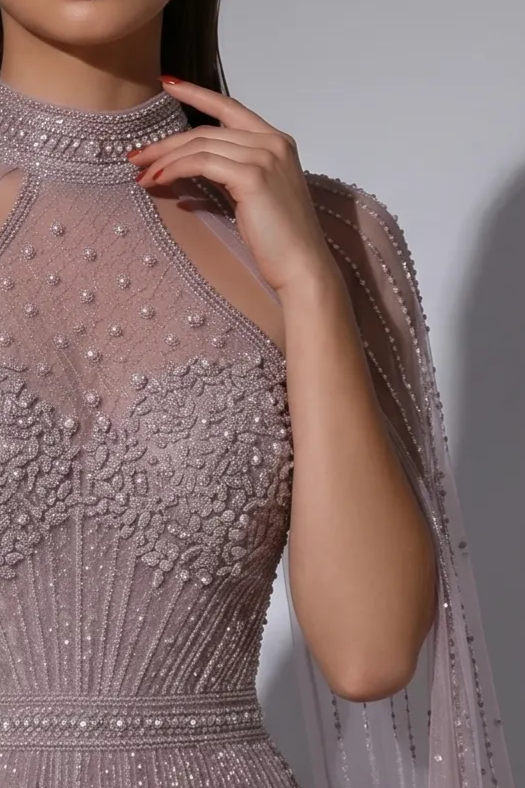 Dusty Lavender A-Line Evening Gown with Beaded Cape Sleeves and High Neck Detail – Formal Dress Plus Size