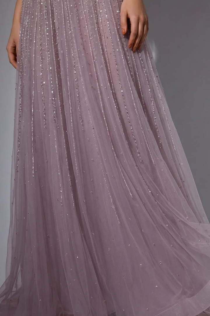 Dusty Lavender A-Line Evening Gown with Beaded Cape Sleeves and High Neck Detail – Formal Dress Plus Size