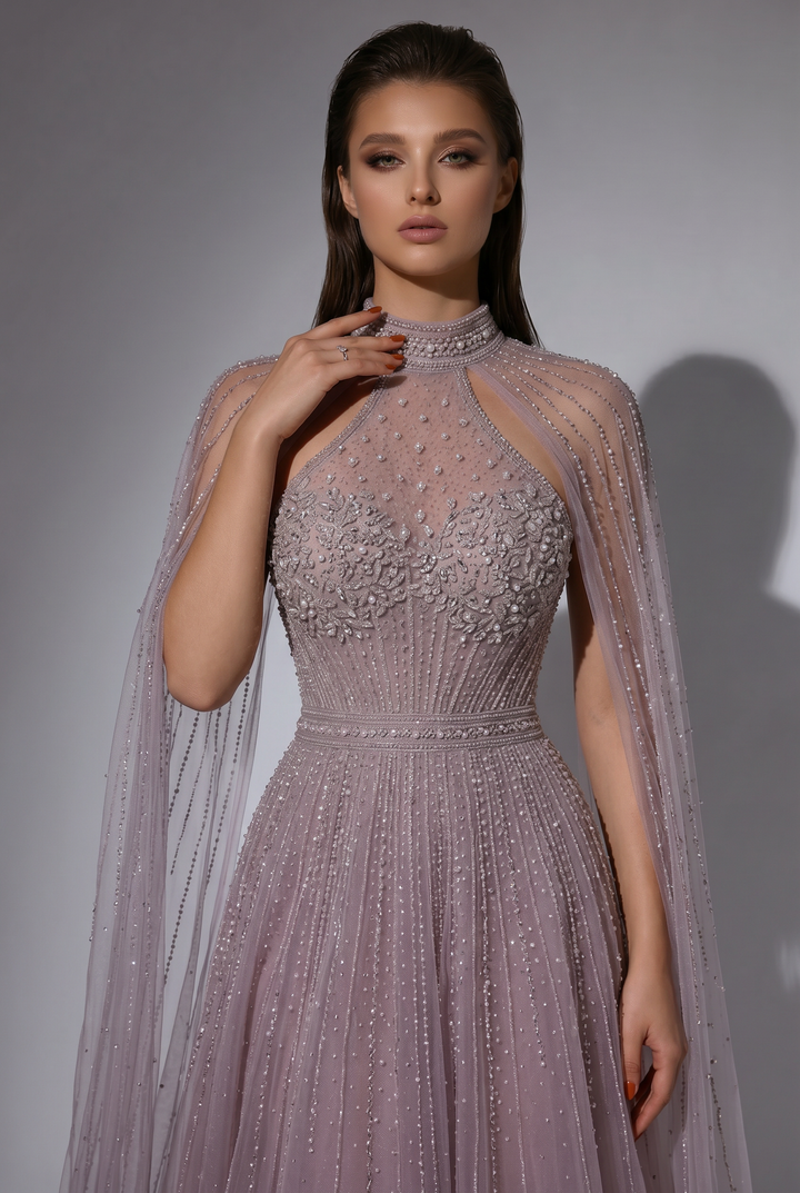 Dusty Lavender A-Line Evening Gown with Beaded Cape Sleeves and High Neck Detail – Formal Dress Plus Size