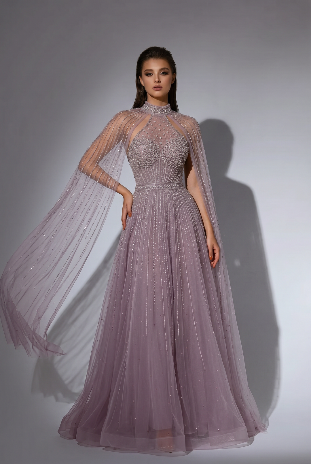 Dusty Lavender A-Line Evening Gown with Beaded Cape Sleeves and High Neck Detail – Formal Dress Plus Size Custom made / Dusty Lavender