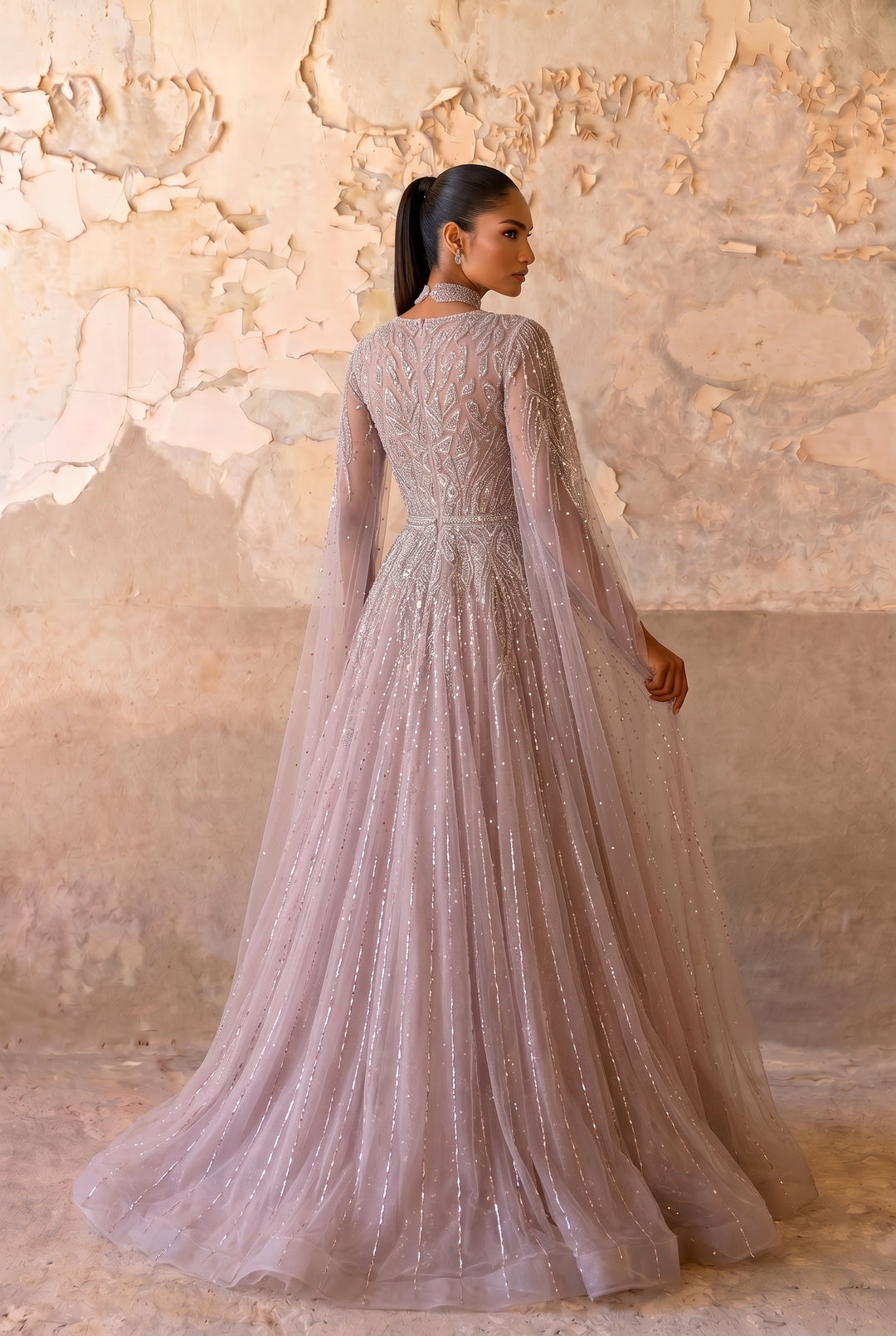 Dusty Lavender Ball Gown with V-Neckline, Illusion Cape Sleeves and Hand-Beaded Embroidery Plus Size