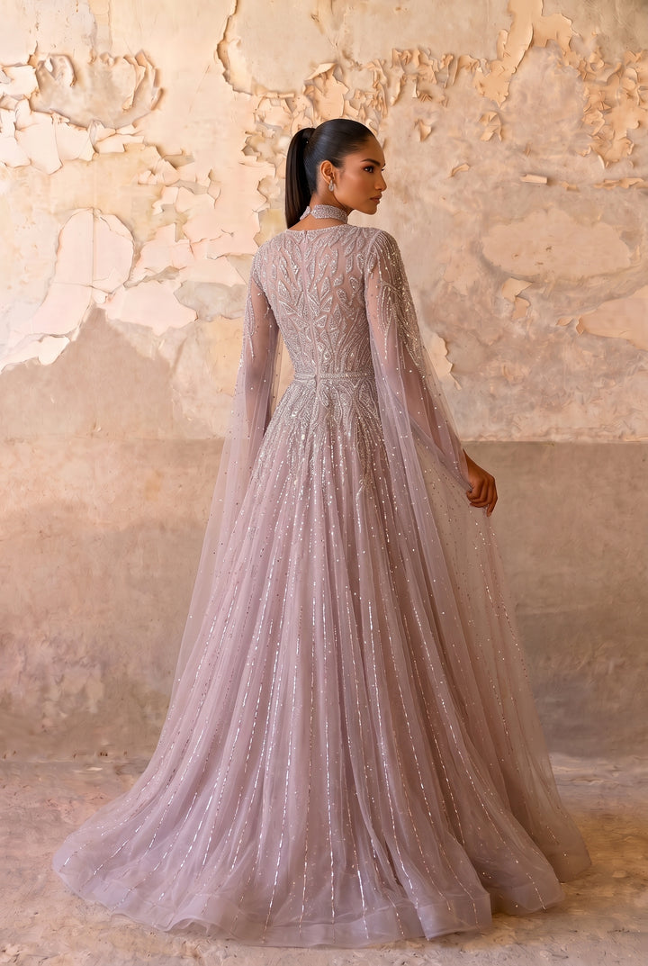 Dusty Lavender Ball Gown with V-Neckline, Illusion Cape Sleeves and Hand-Beaded Embroidery Plus Size