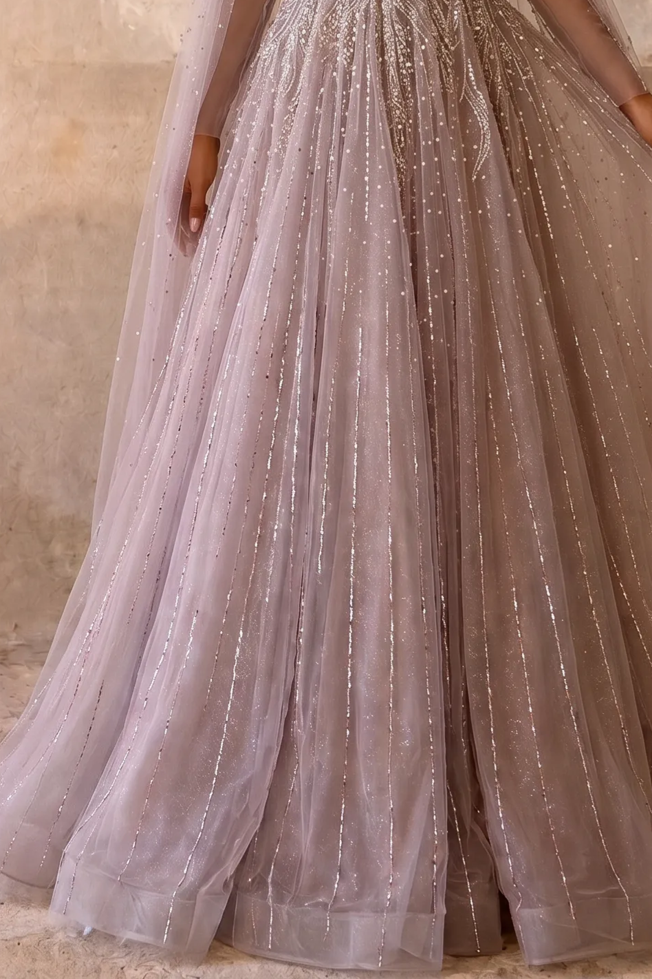 Dusty Lavender Ball Gown with V-Neckline, Illusion Cape Sleeves and Hand-Beaded Embroidery Plus Size