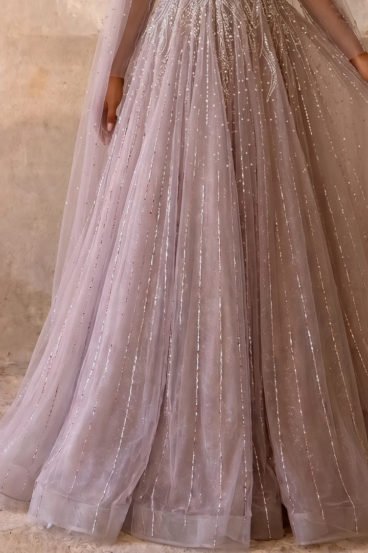 Dusty Lavender Ball Gown with V-Neckline, Illusion Cape Sleeves and Hand-Beaded Embroidery Plus Size