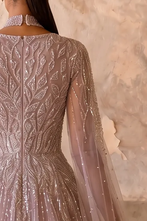Dusty Lavender Ball Gown with V-Neckline, Illusion Cape Sleeves and Hand-Beaded Embroidery Plus Size
