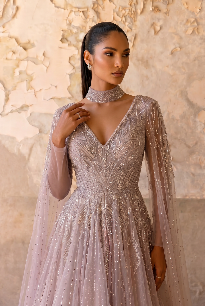 Dusty Lavender Ball Gown with V-Neckline, Illusion Cape Sleeves and Hand-Beaded Embroidery Plus Size