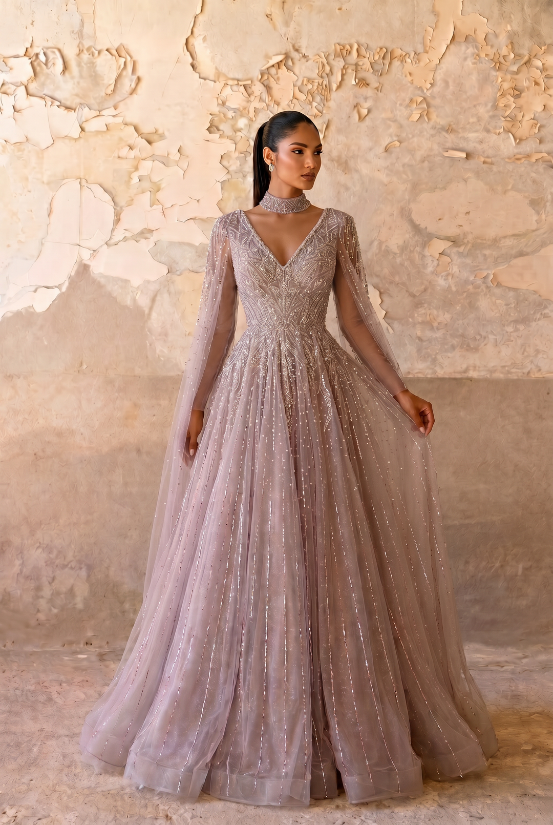Dusty Lavender Ball Gown with V-Neckline, Illusion Cape Sleeves and Hand-Beaded Embroidery Plus Size