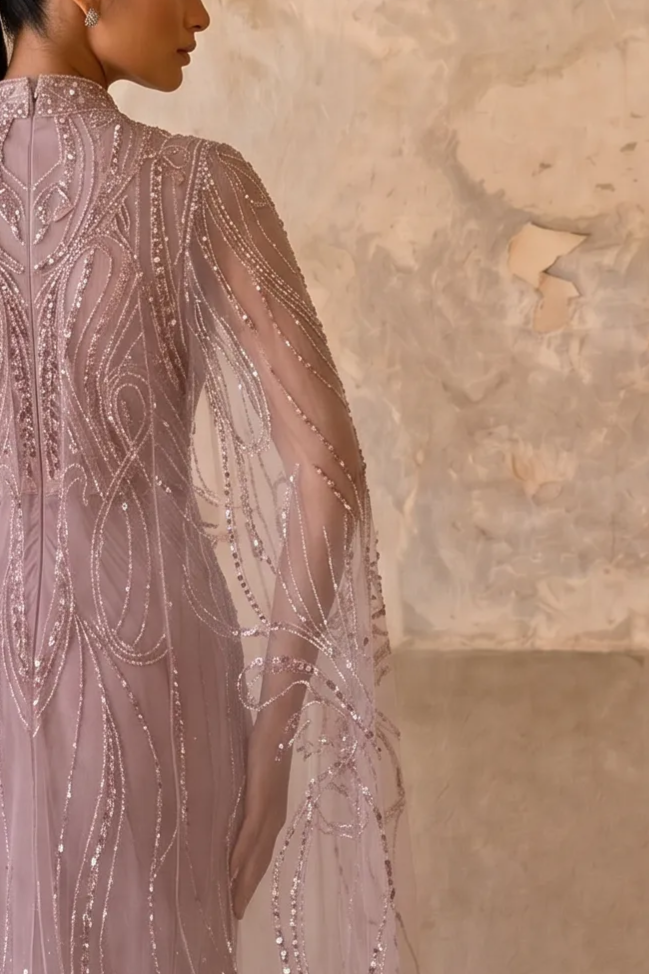 Dusty Lavender Beaded Evening Gown with High Neck, Flowing Cape Sleeves and Art Deco Embellishments – Formal Dress Plus Size