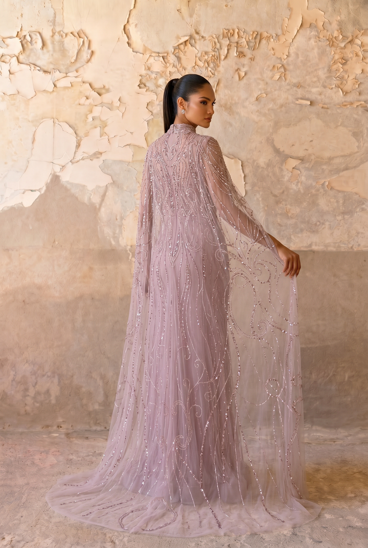 Dusty Lavender Beaded Evening Gown with High Neck, Flowing Cape Sleeves and Art Deco Embellishments – Formal Dress Plus Size