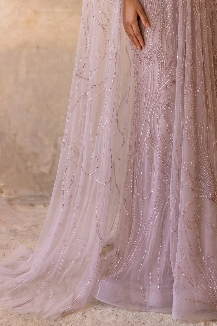 Dusty Lavender Beaded Evening Gown with High Neck, Flowing Cape Sleeves and Art Deco Embellishments – Formal Dress Plus Size