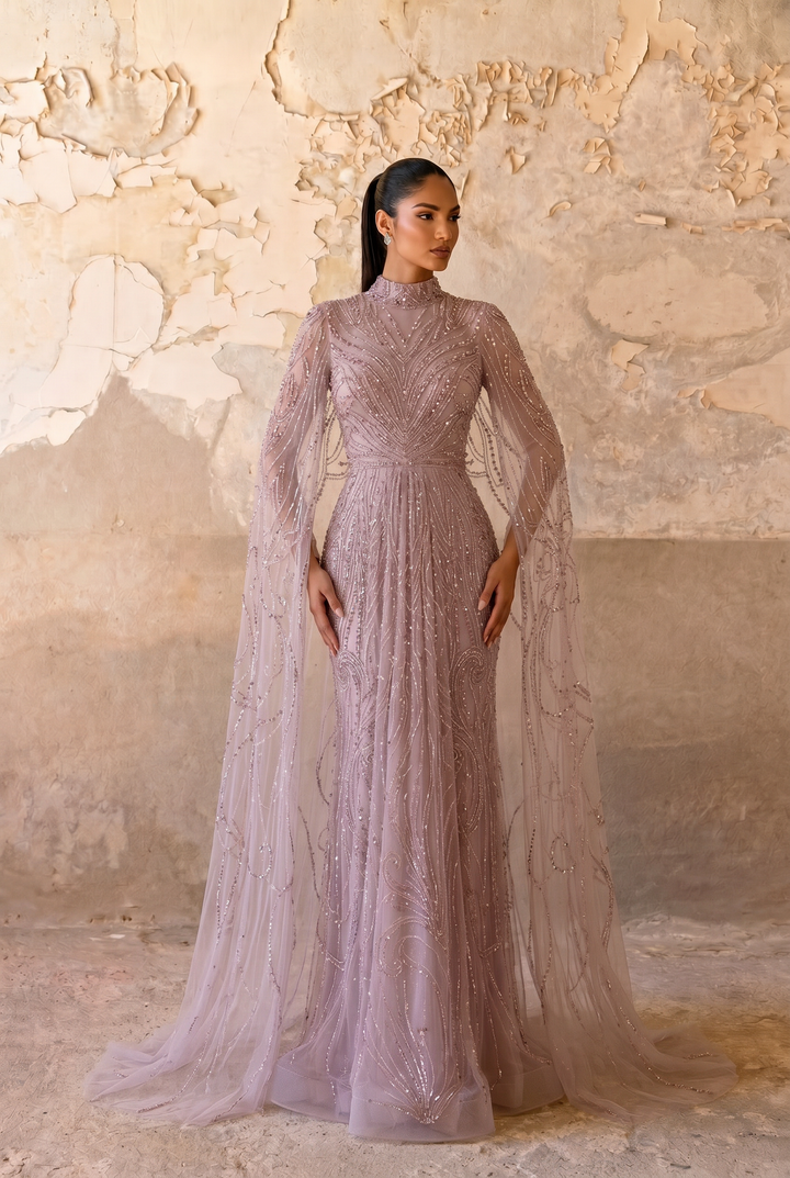Dusty Lavender Beaded Evening Gown with High Neck, Flowing Cape Sleeves and Art Deco Embellishments – Formal Dress Plus Size