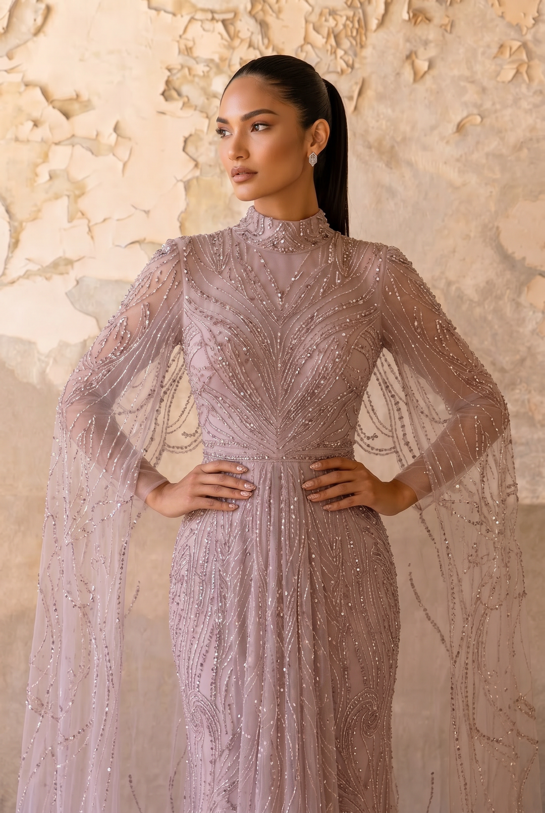 Dusty Lavender Beaded Evening Gown with High Neck, Flowing Cape Sleeves and Art Deco Embellishments – Formal Dress Plus Size