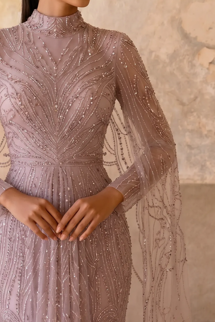 Dusty Lavender Beaded Evening Gown with High Neck, Flowing Cape Sleeves and Art Deco Embellishments – Formal Dress Plus Size