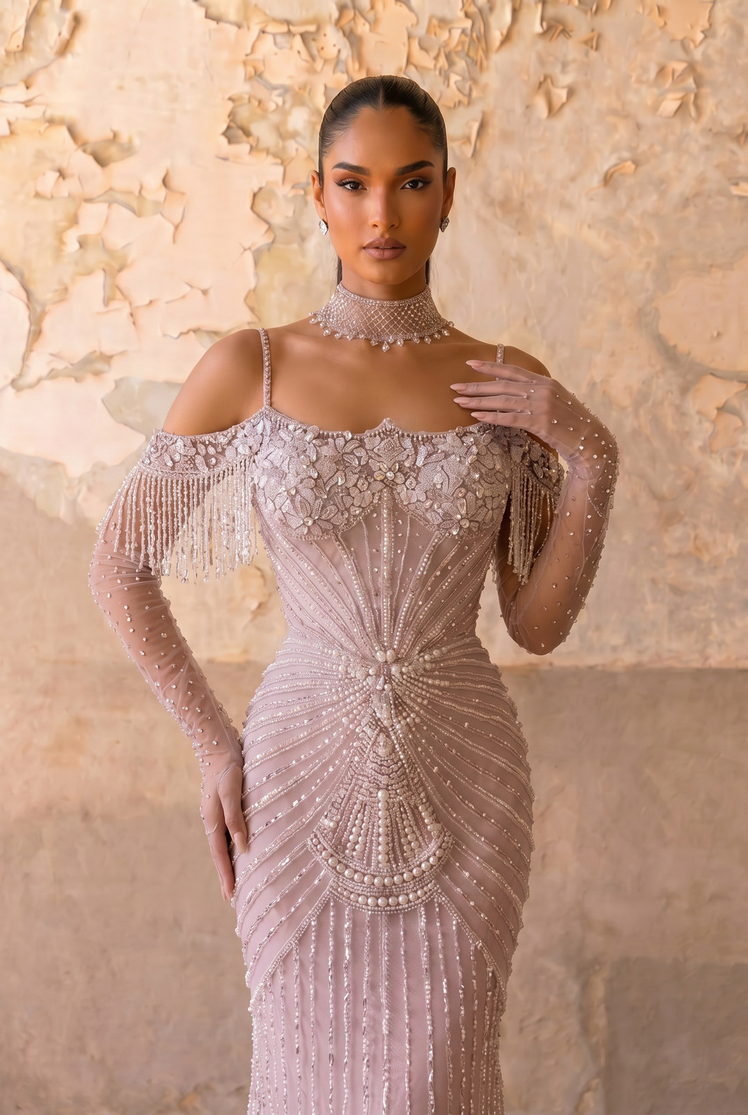 Dusty Lavender Hand-Beaded Mermaid Evening Gown with Cold Shoulder Crystal Fringe Sleeves Plus Size