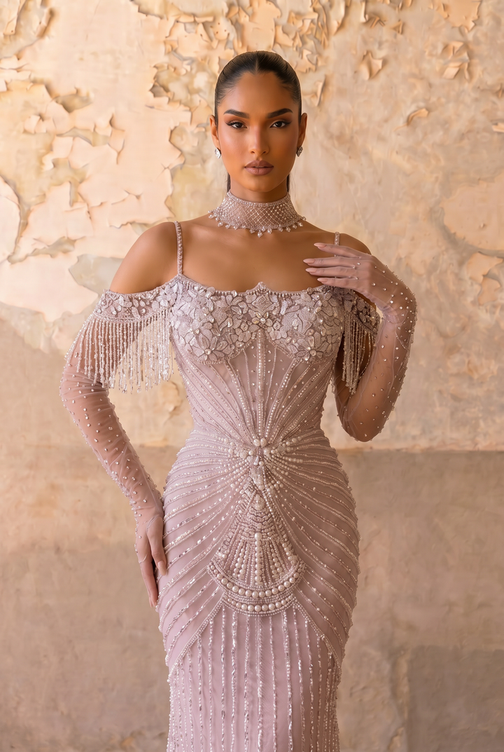 Dusty Lavender Hand-Beaded Mermaid Evening Gown with Cold Shoulder Crystal Fringe Sleeves Plus Size