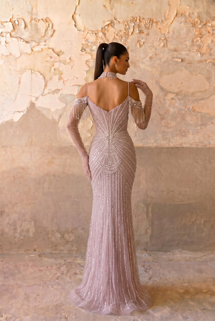 Dusty Lavender Hand-Beaded Mermaid Evening Gown with Cold Shoulder Crystal Fringe Sleeves Plus Size