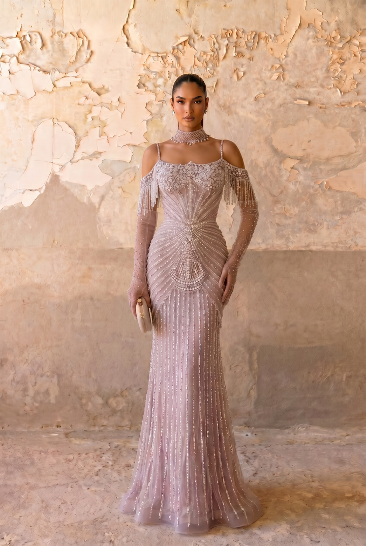 Dusty Lavender Hand-Beaded Mermaid Evening Gown with Cold Shoulder Crystal Fringe Sleeves Plus Size