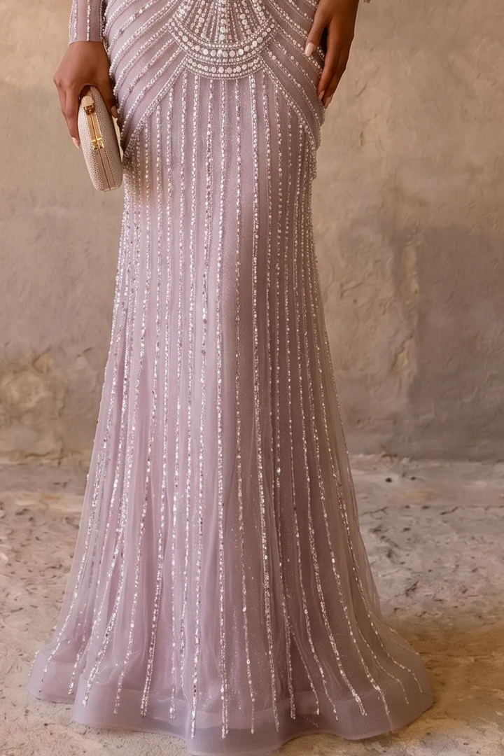 Dusty Lavender Hand-Beaded Mermaid Evening Gown with Cold Shoulder Crystal Fringe Sleeves Plus Size