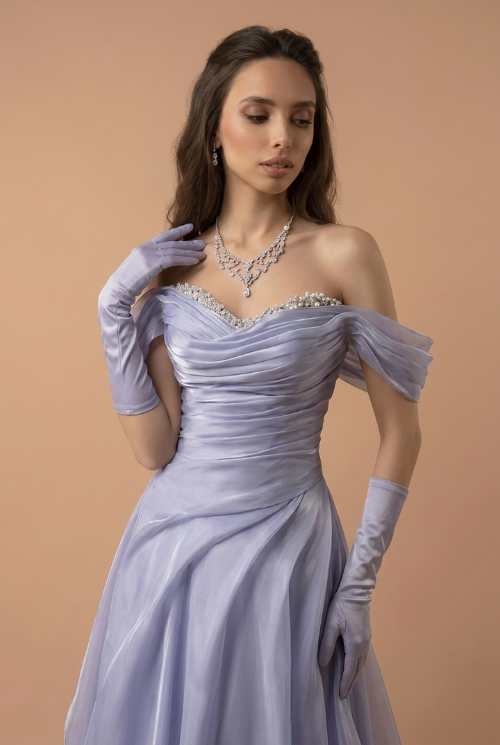 Dusty Lavender Off the Shoulder Ruched Organza Evening Dress with Beaded Sweetheart Neckline – Luxury A-Line Formal Gown Plus Size