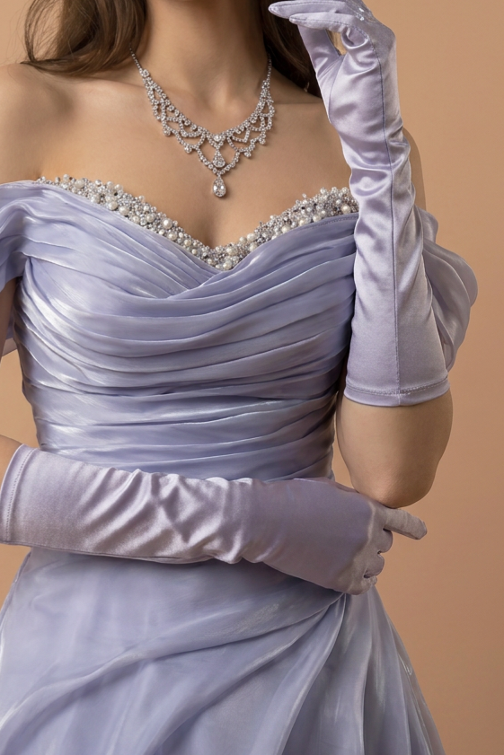 Dusty Lavender Off the Shoulder Ruched Organza Evening Dress with Beaded Sweetheart Neckline – Luxury A-Line Formal Gown Plus Size