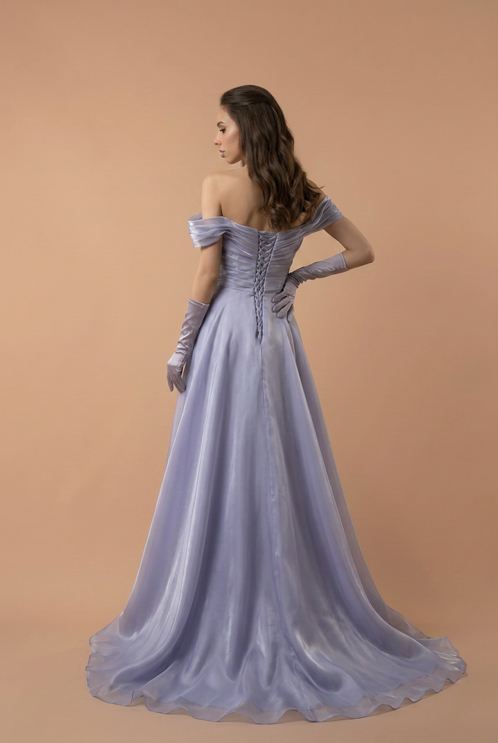 Dusty Lavender Off the Shoulder Ruched Organza Evening Dress with Beaded Sweetheart Neckline – Luxury A-Line Formal Gown Plus Size