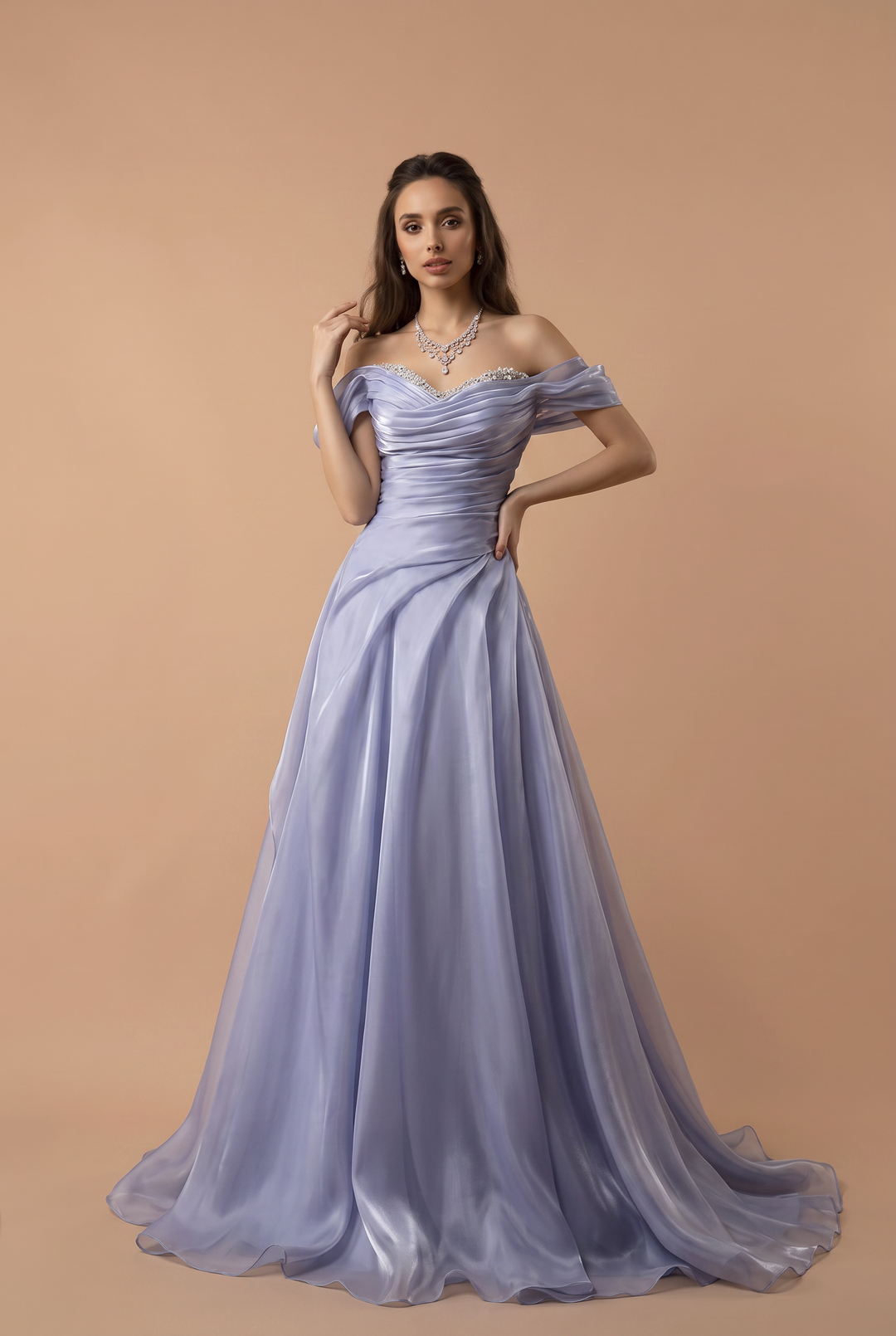Dusty Lavender Off the Shoulder Ruched Organza Evening Dress with Beaded Sweetheart Neckline – Luxury A-Line Formal Gown Plus Size